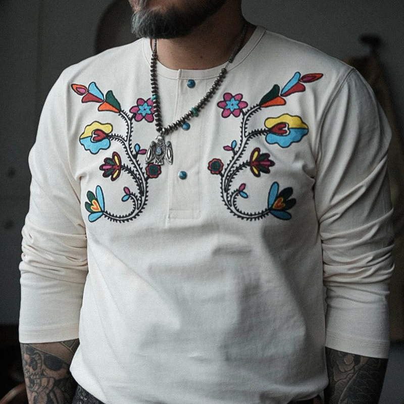 Men's Fashionable Embroidered White  Henry Shirt