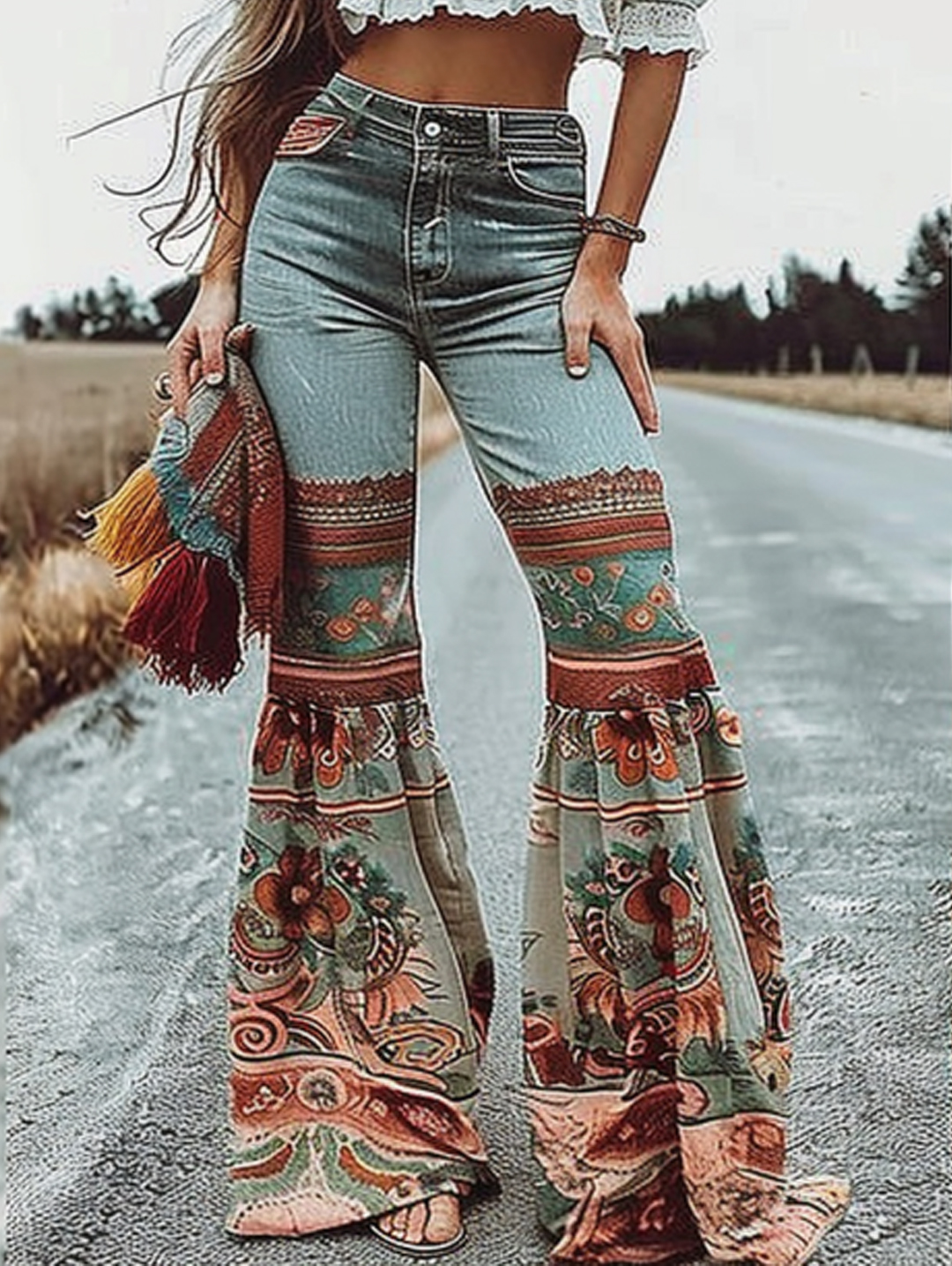 Ursime Boho Floral Print Denim Flare Jeans