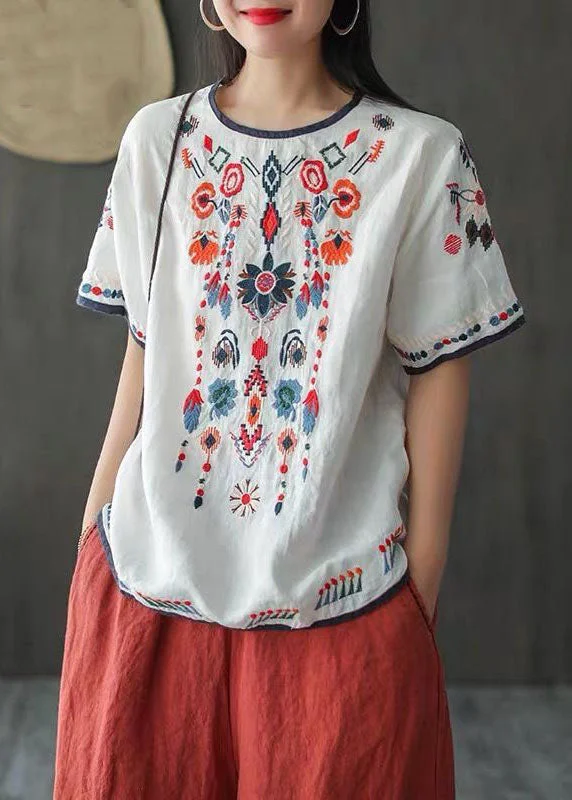 Italian White O Neck Embroideried Patchwork Linen T Shirts Summer