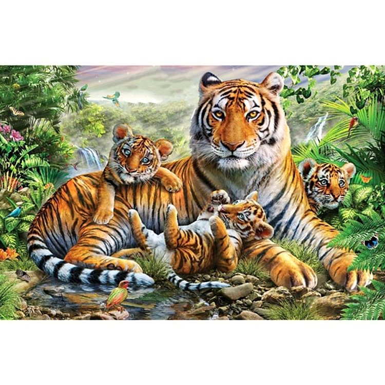 Forêt familiale de tigre - Diamant rond partiel - 40x30cm