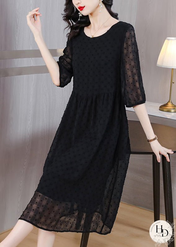 Style Black O Neck Jacquard Chiffon Long Dresses Lantern Sleeve