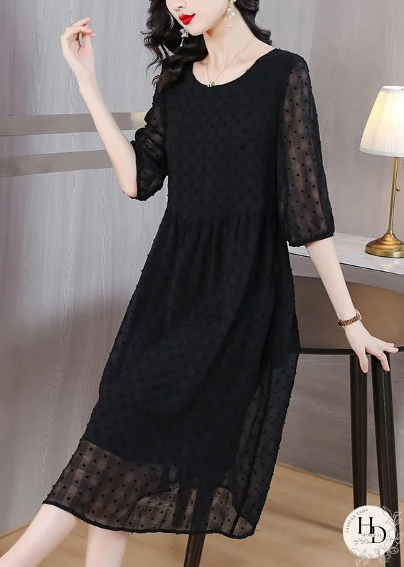 Style Black O Neck Jacquard Chiffon Long Dresses Lantern Sleeve