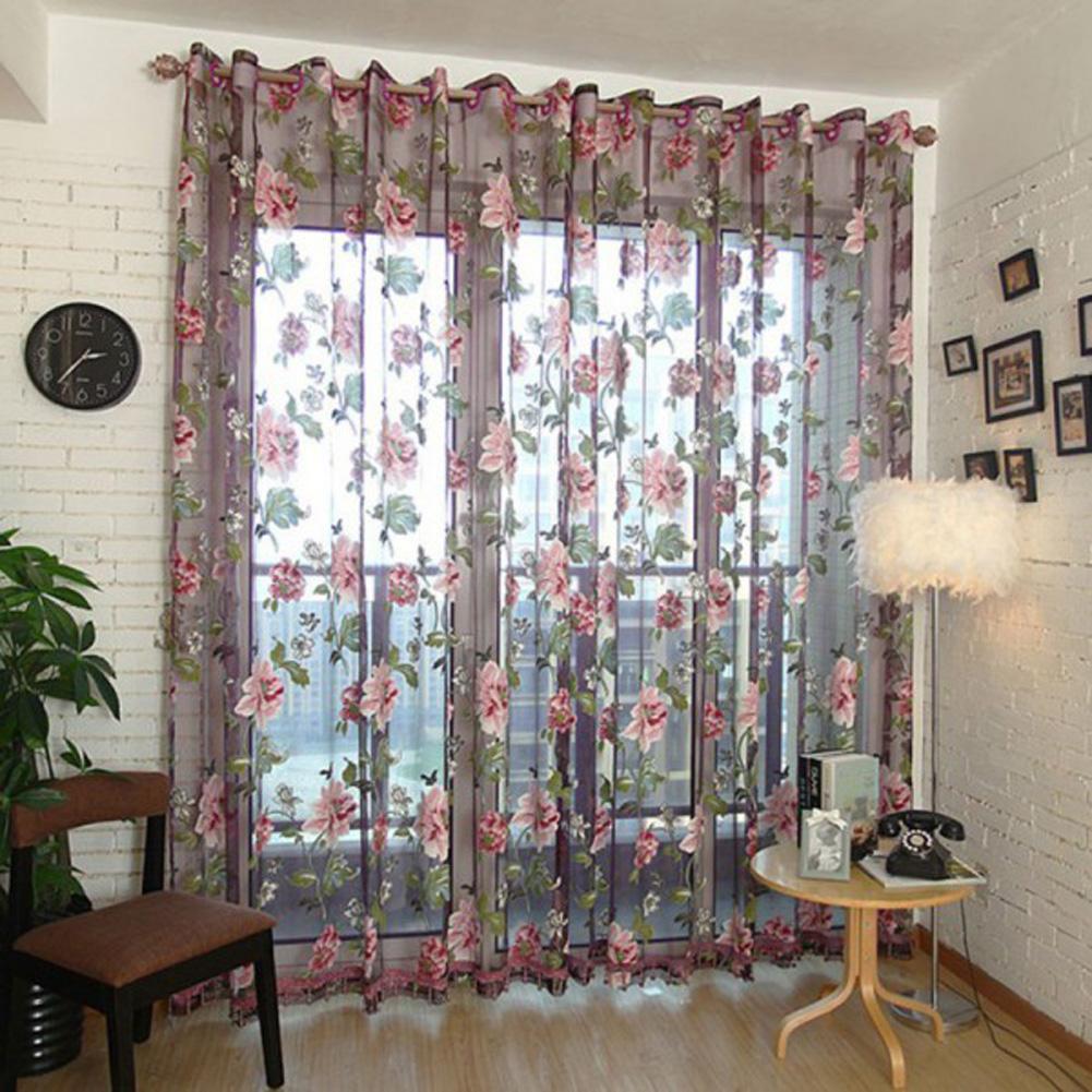 

Floral Tulle Window Curtain Panel Sheer Voile Door Room Drape Scarf(Pueple, Purple, 501 Original