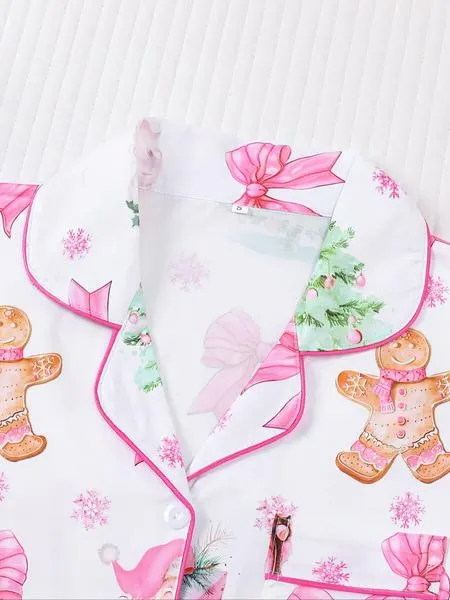 【christmas】Women's Christmas Pajama Set, Santa Cookie Print, Short Sleeve Button-up Top & Elastic Shorts, Casual All-season Sleepwear, Christmas Pyjamas, Loungewear