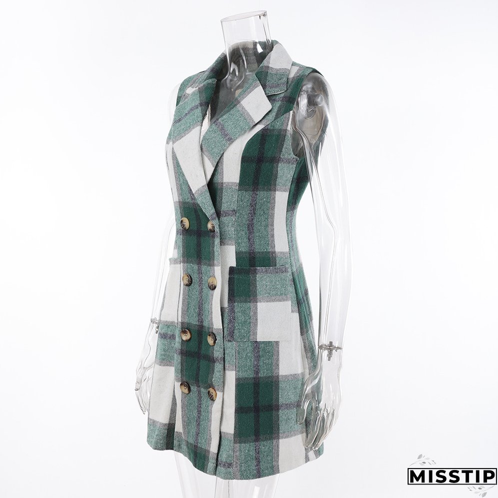 Women's Fashion Plaid Long Vest Turndown Collar Sleeveless Blazer