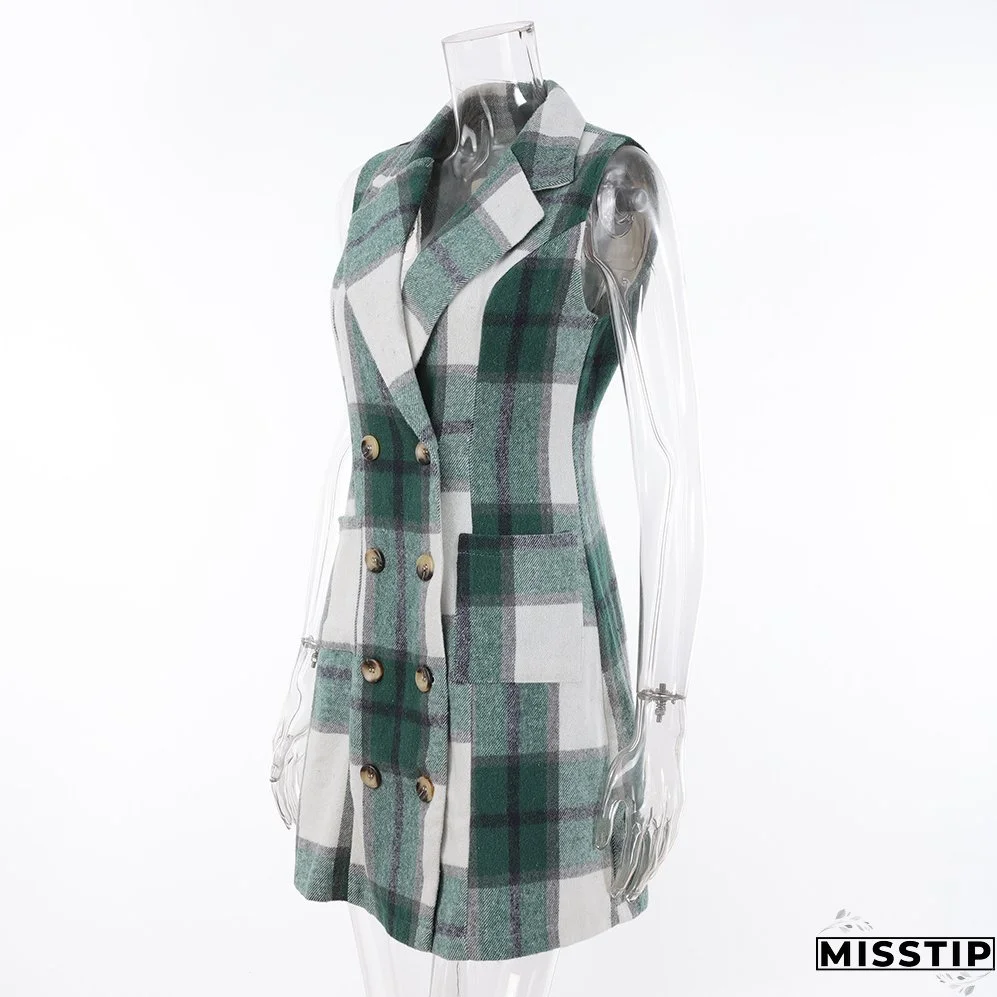 Women's Fashion Plaid Long Vest Turndown Collar Sleeveless Blazer