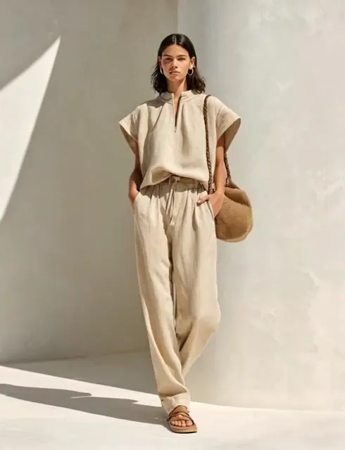 Women's Minimalist Light Brown Linen Set: Zip-Up Stand-Collar Top With Cap Sleeves And Tie-Waist Wide-Leg Pants MD