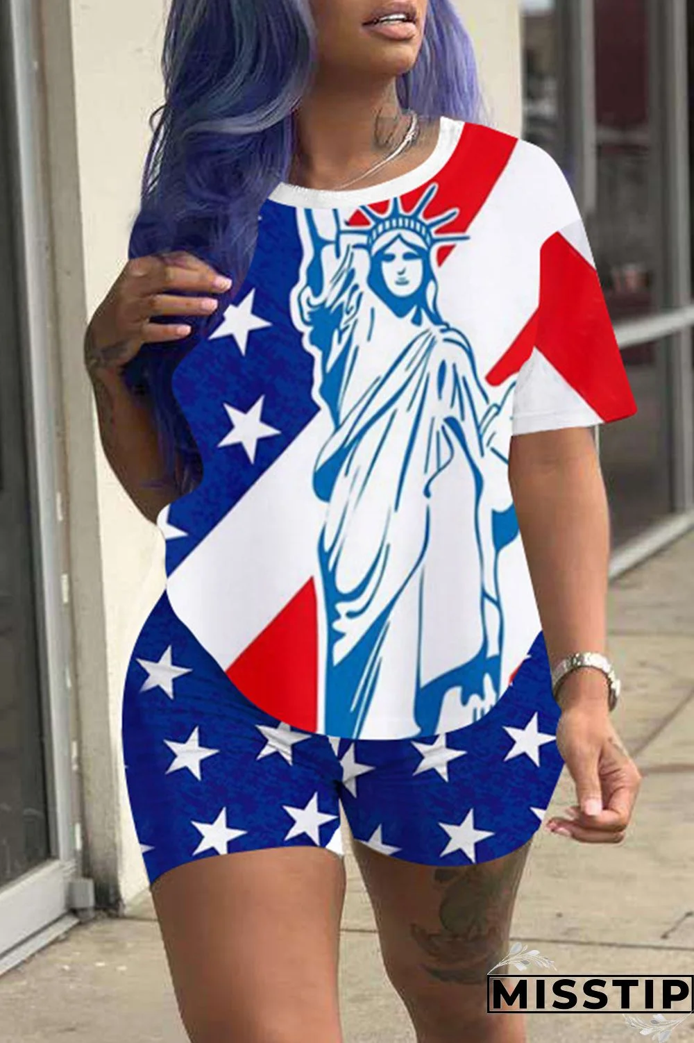 Red Fashion Casual Print Basic O Neck Short Sleeve Two Pieces