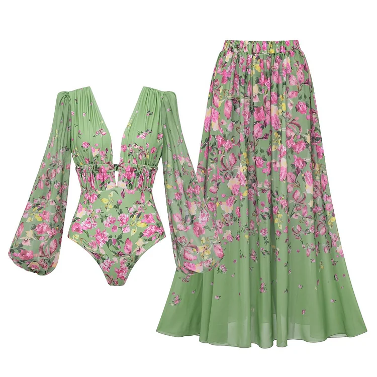 Long Sleeve Floral One Piece Swimsuit and Skirt