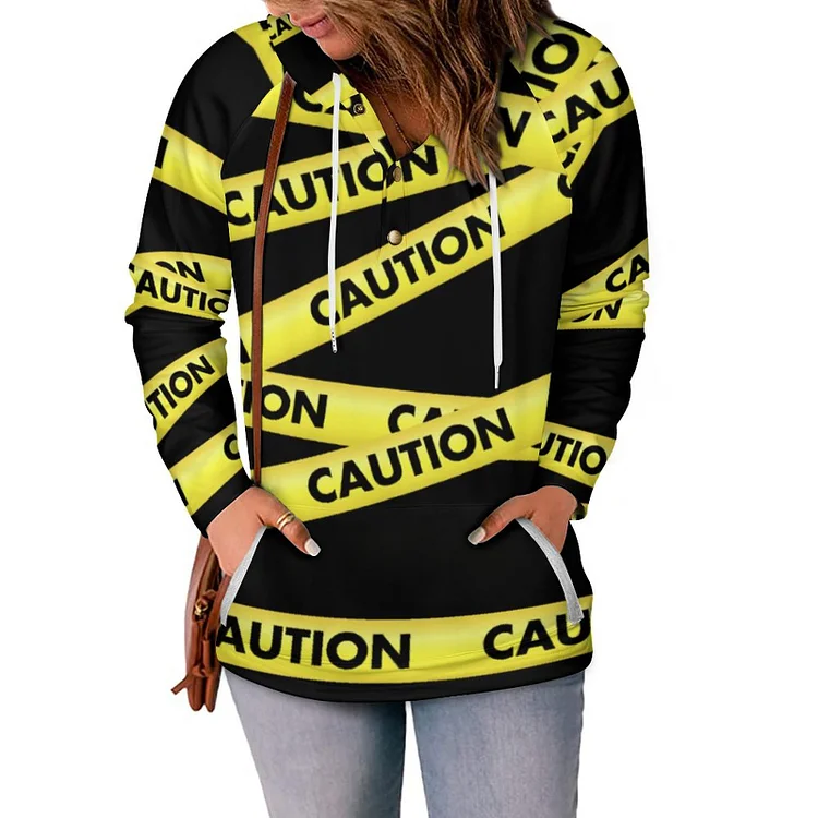 Womens Hooded Button Collar Drawstring Hoodies Pullover