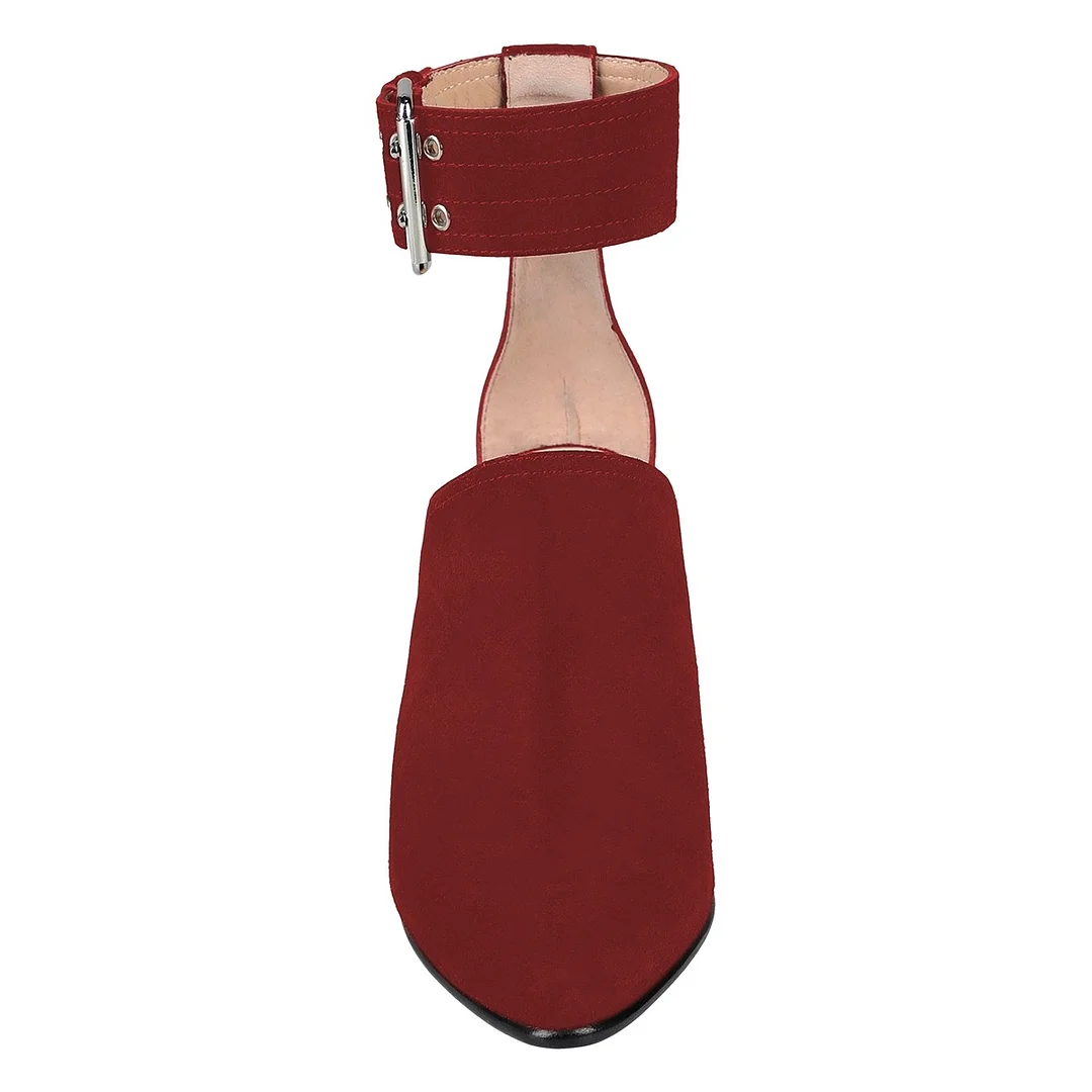 Almond Toe Block Heeled Ankle Strap Buckle Red Pumps for Women