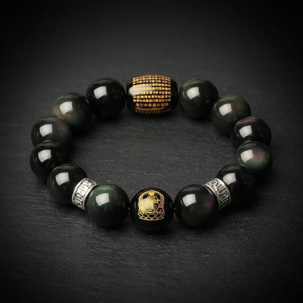 JiStones Guardian Series: Hand-Polished Natural Obsidian Zodiac Bracelet 14mm (Men) | Dragon/Snake - Samantabhadra