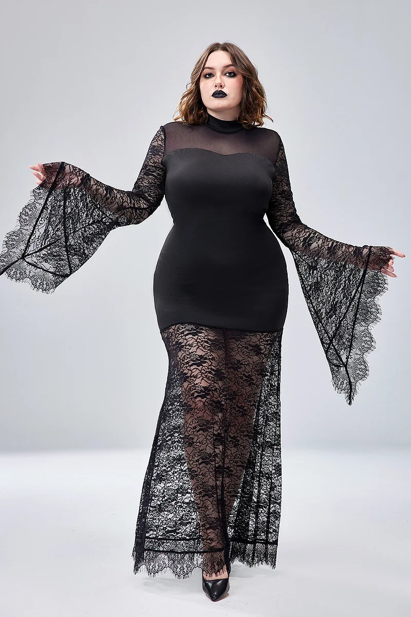 Xpluswear Design Plus Size Halloween Costume Burgundy Witches Gothic V-Neck Trumpet Sleeve Velvet Lace Maxi DressShips 24h - Xpluswear.com Xpluswear Design Plus Size Halloween Costume Burgundy Witches Gothic V-Neck Trumpet Sleeve Velvet Lace Maxi DressShips 24h - Xpluswear.com