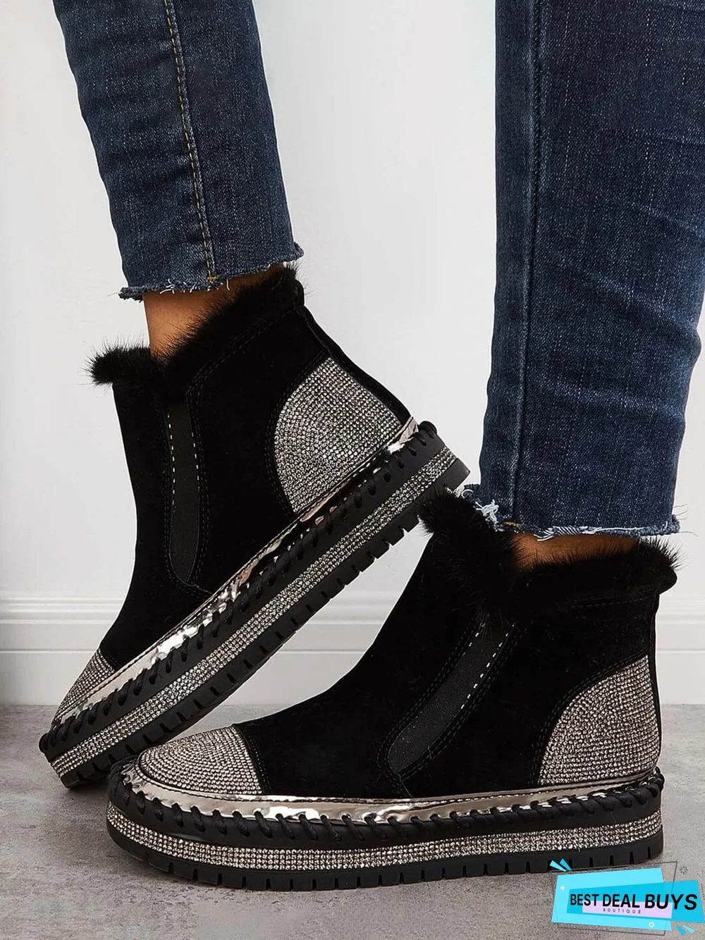 Rhinestone Split Joint Warm Fur Lined Slip on Ankle Boots