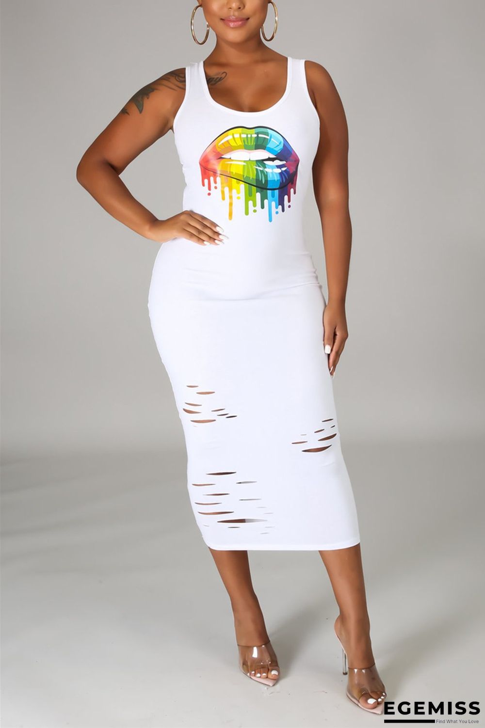 White Fashion Sexy Tank Sleeveless Square Collar Vest Dress Mid Calf Lips Printed Dresses | EGEMISS
