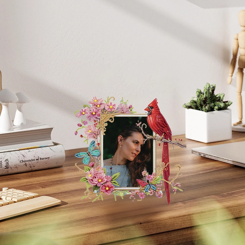 5D DIY Cardinal and Flower Acrylic Special Shape Diamond Painting Picture Frame
