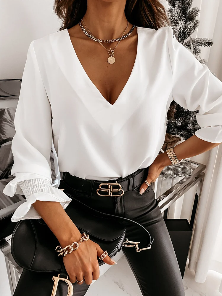 Long Sleeve V Neck Back Lace Shirt Shirt