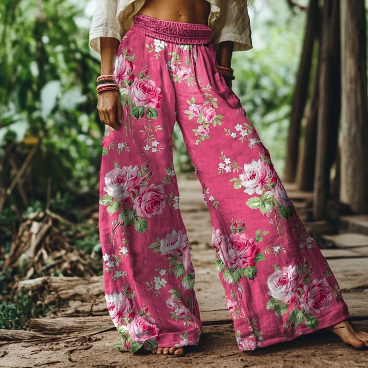 Vintage Pink Rose Floral Print Loose Wide-leg Pants