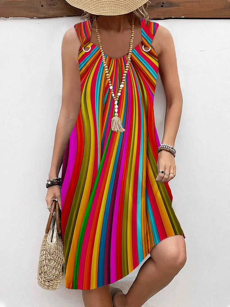 Retro Rainbow Stripe Art Print  Casual Suspender Skirt