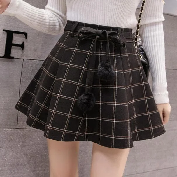 Black/Grey Grid Sweet Woolen Skort Skirt SP13379