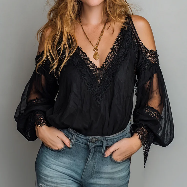 Ursime Cold Shoulder Deep V Neck Lace Lantern Sleeve Blouse