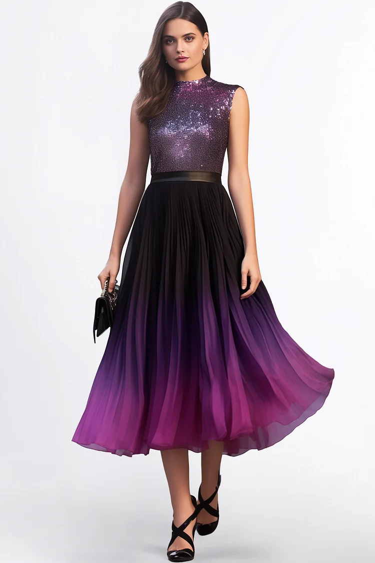 Zaruci Wedding Guest Purple Chiffon Sequin Sleeveless Gradient Midi Dress [Pre-Order]