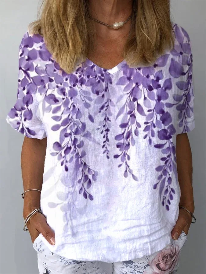 Women's Purple Plant Print Casual Long Sleeve V-Neck Shirt