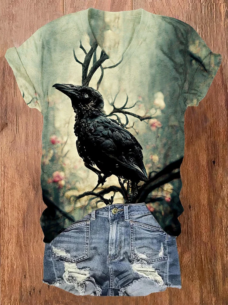 Women's Halloween Raven Print Casual T-Shirt
