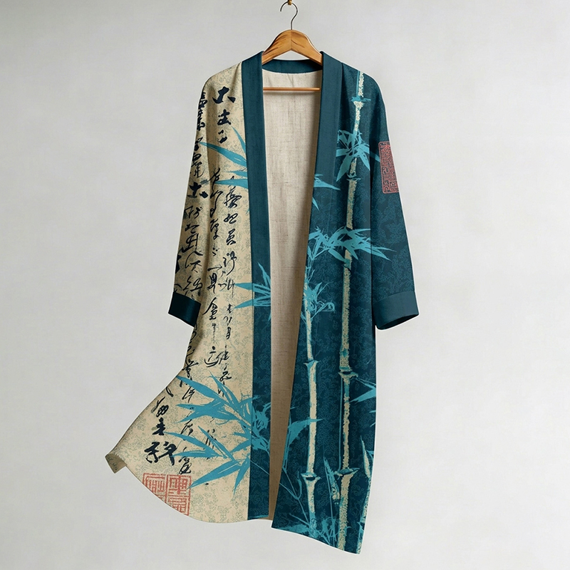 Men's Retro Bamboo And Calligraphy Print Linen Long Kimono  artssus