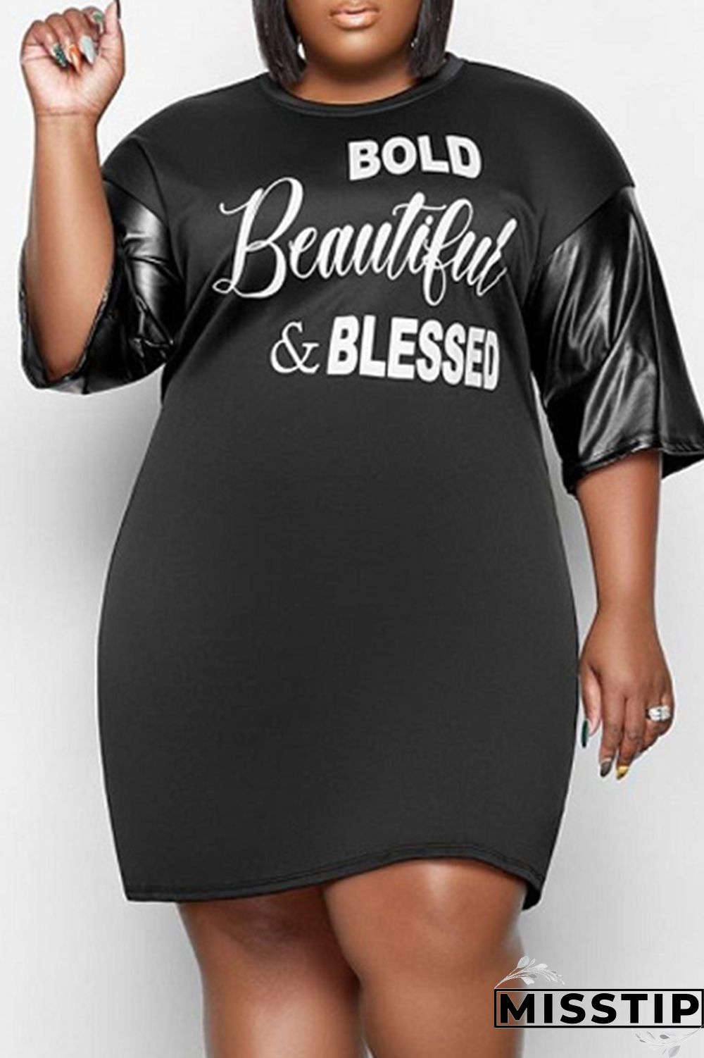 Black Fashion Casual Plus Size Letter Print Patchwork O Neck Short Sleeve Dress
