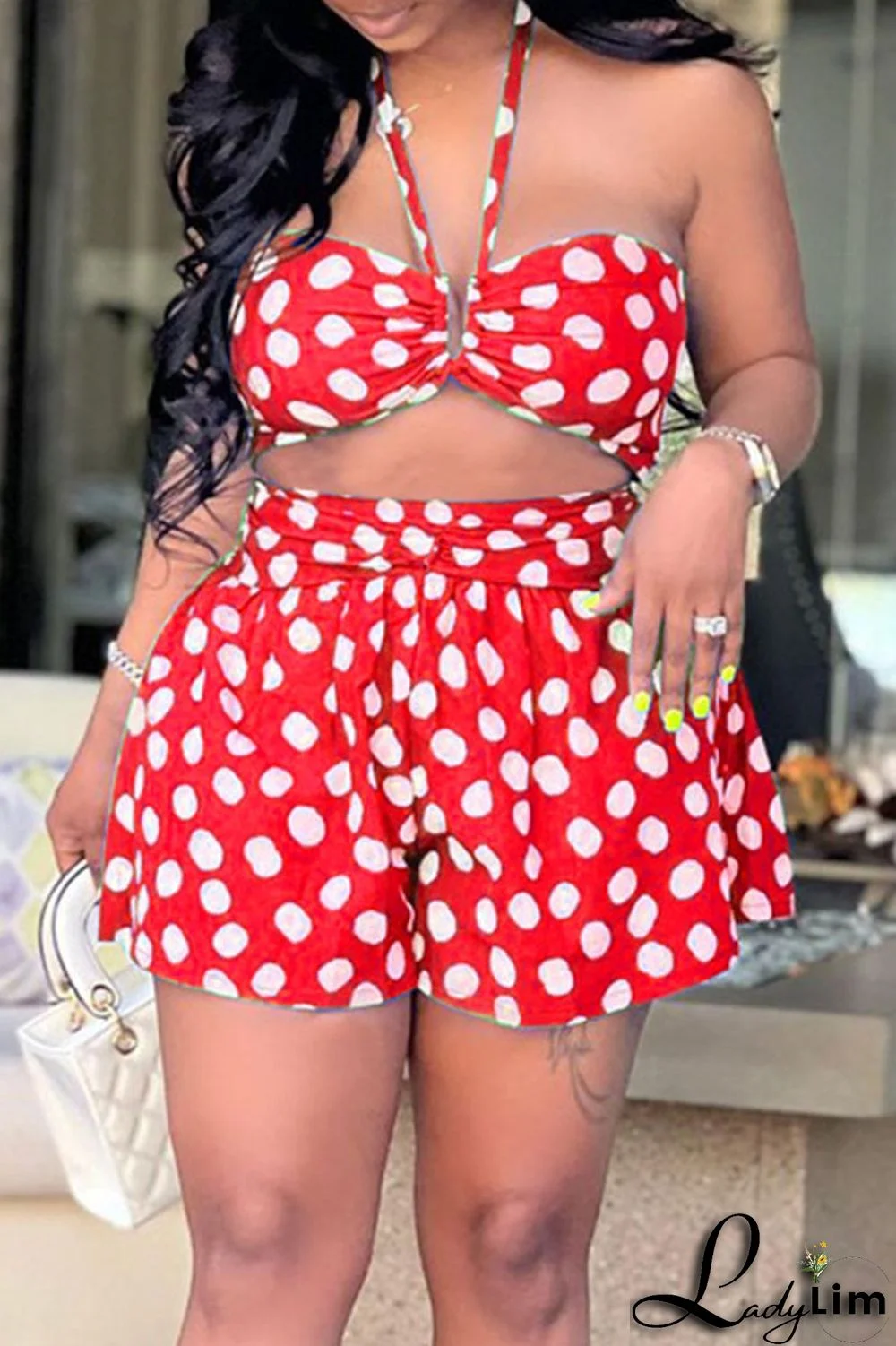 Red Sexy Print Polka Dot Split Joint Halter Sleeveless Two Pieces