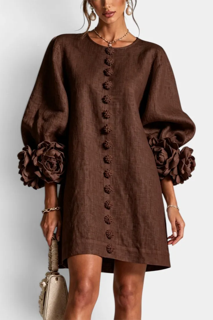 Short Dress with 3D Floral Sleeves & Button Detail