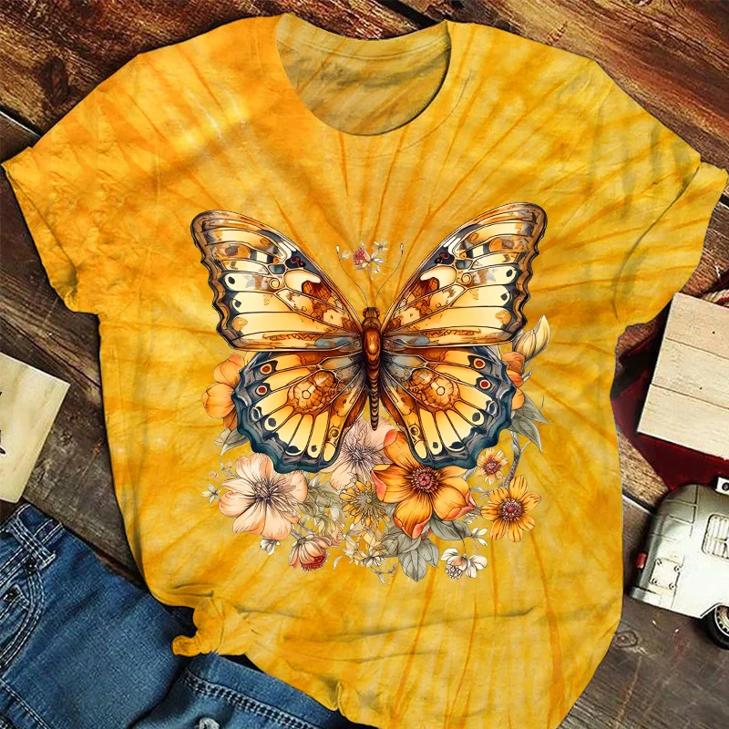 Floral Butterfly Printed Crew Neck Women's T-shirt