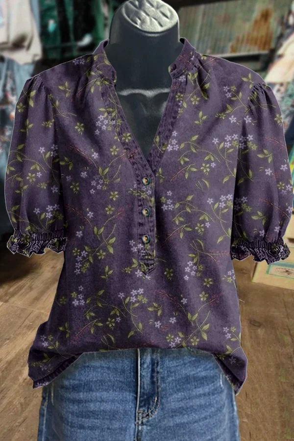 Vintage Floral Print V-Neck Puff Sleeve Top