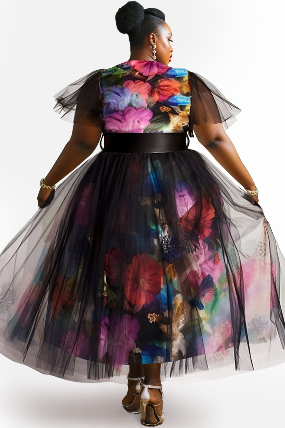 Design Plus Size Semi Formal Elegant Black Floral Spring Summer Round Neck Short Sleeve Contrast Mesh Two Piece Dress Set [Pre-Order]