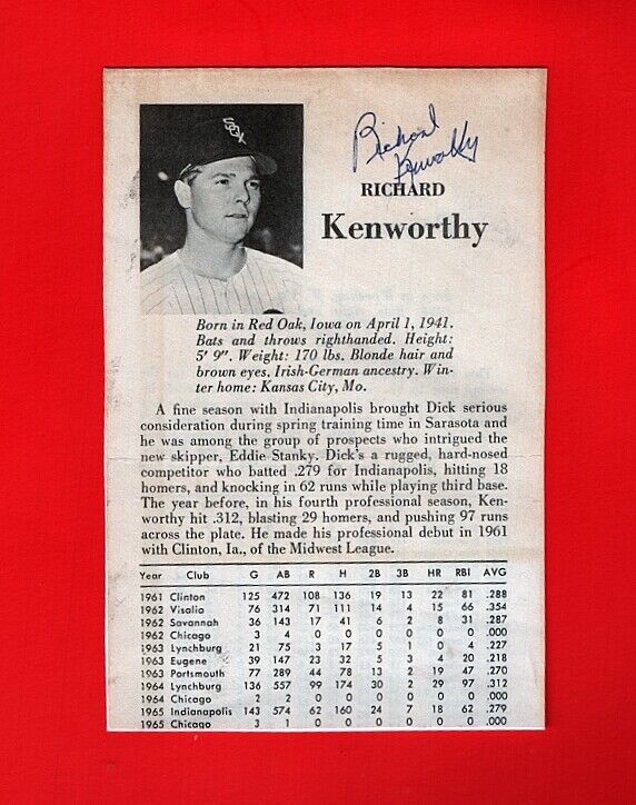 1966 DICK KENWORTHY-CHICAGO WHITE SOX 4X6 AUTOGRAPHED Photo Poster painting-d.2010