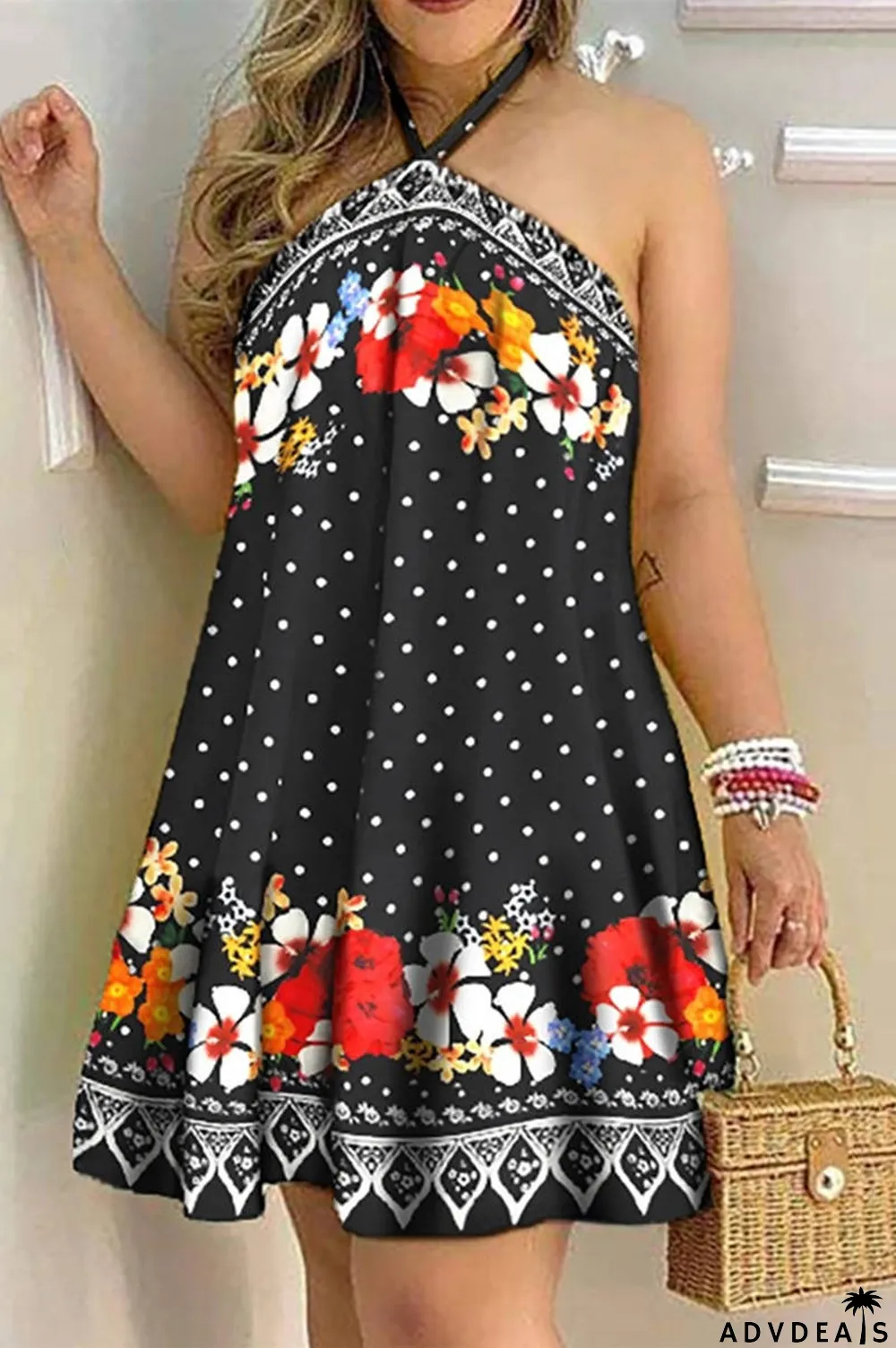 Black Fashion Casual Print Bandage Backless Halter Sleeveless Dress