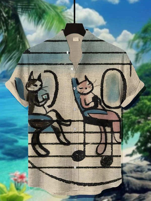 Men's Musical Note Cat Art Print Casual Shirt
