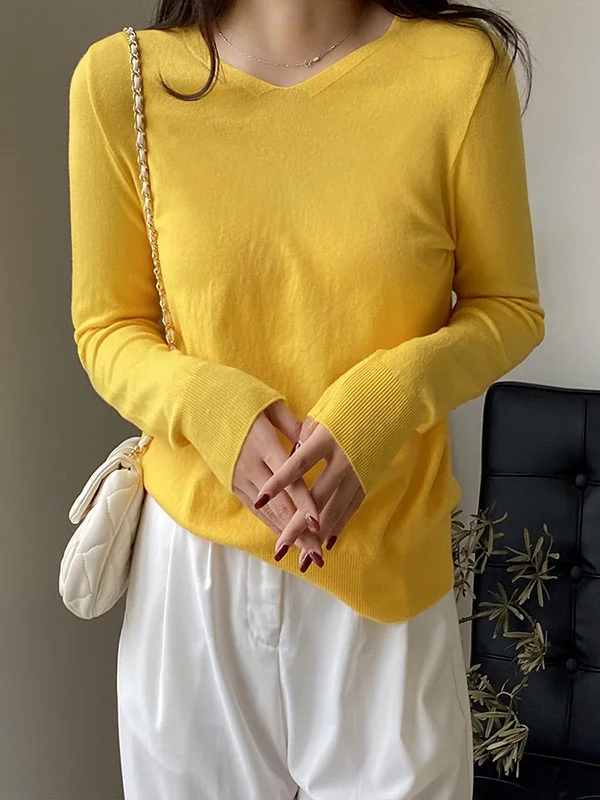 Casual Simple 7 Colors V-Neck Long Sleeves Knitwear