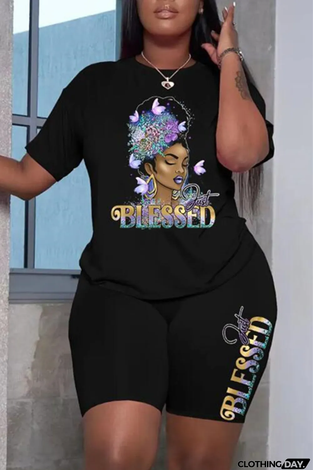 Burgundy Fashion Casual Print Patchwork O Neck Short Sleeve Plus Size Two Pieces