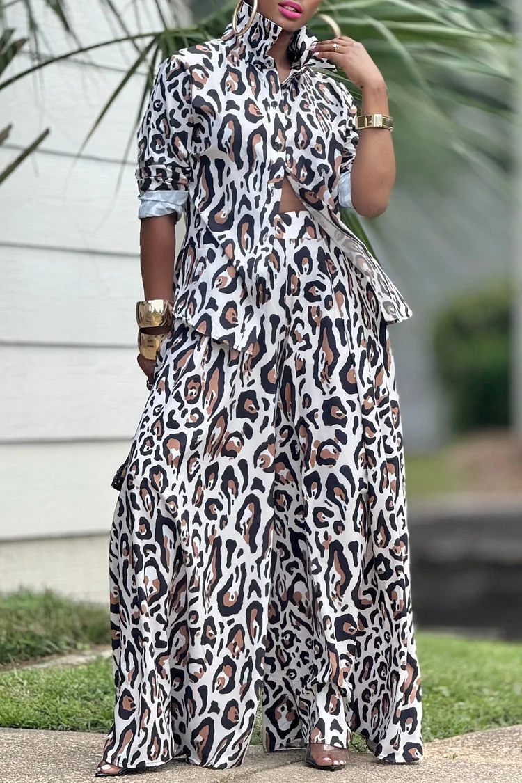 Plus Size Business Casual Brown Leopard Shirt Collar Long Sleeve Pocket Casual Wide Leg Two Piece Pant Sets [Pre-Order] 2024 - Xpluswear