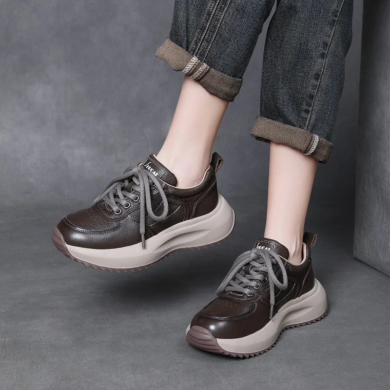 Yyvonne Layer Of Cowhick Old Dad Shoes Spring And Autumn New Comfortable Soft Sole Casual Shoes Round Head Single Shoes