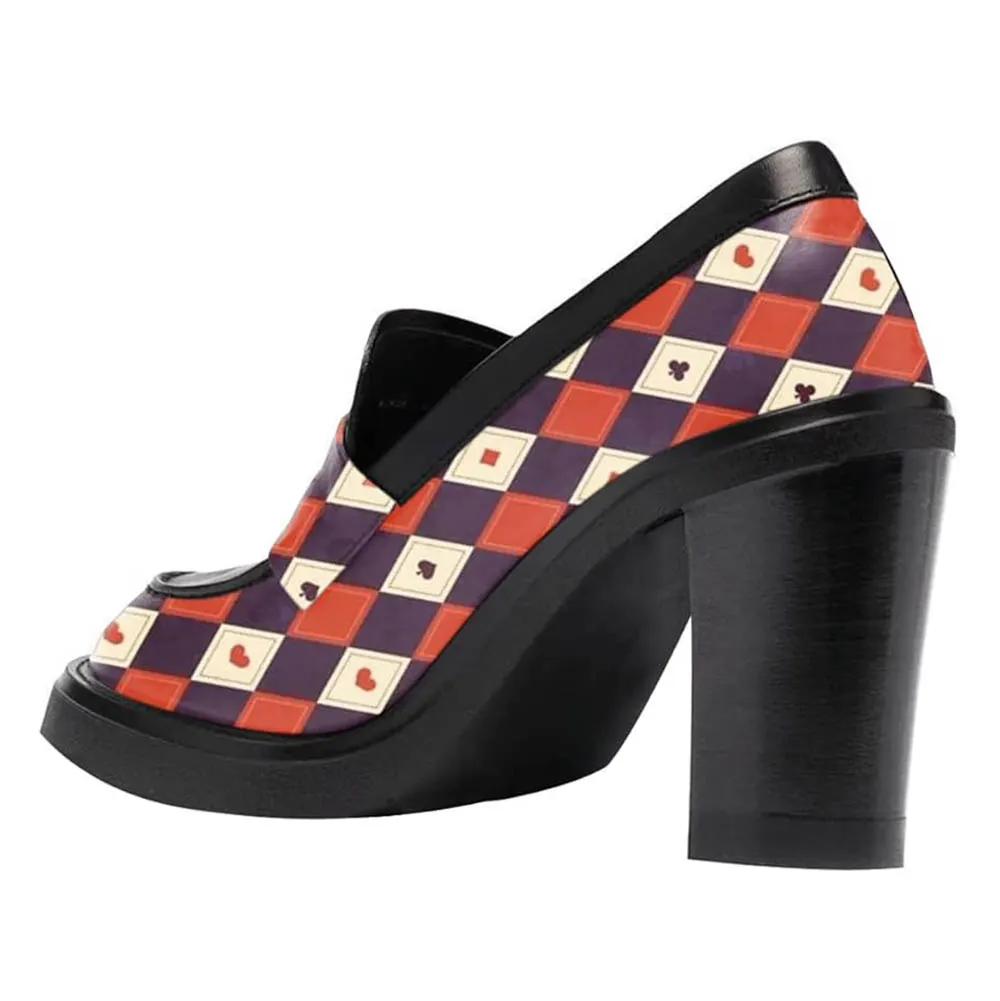Classic Multicolor Poker Print Round Toe Block Heeled Loafers