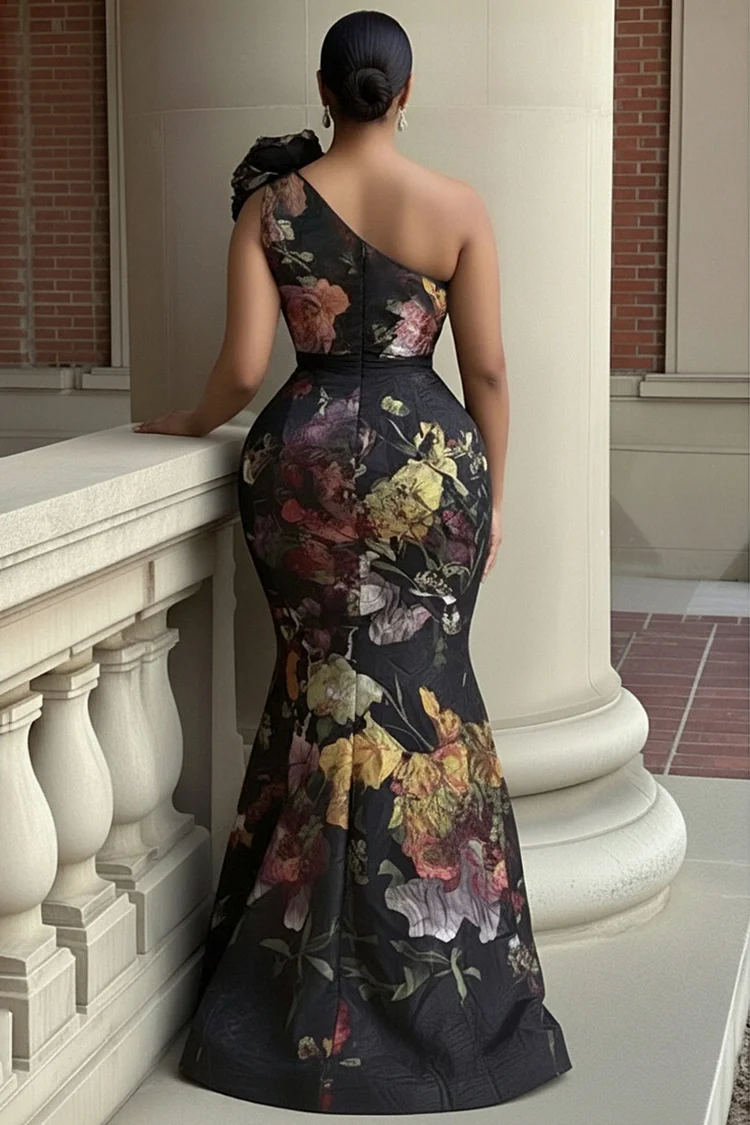 Xpluswear Design Plus Size Formal Black Floral Oblique Collar 3D Elegant Mermaid Satin Maxi Dresses [Pre-Order]