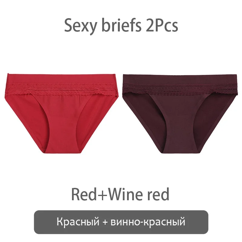 FINETOO 2Pcs/set Lace Panties Women Silk Underwear M-XL Smooth Panty Comfortable Girls Underpants Sexy Briefs 6 Colors Lingerie