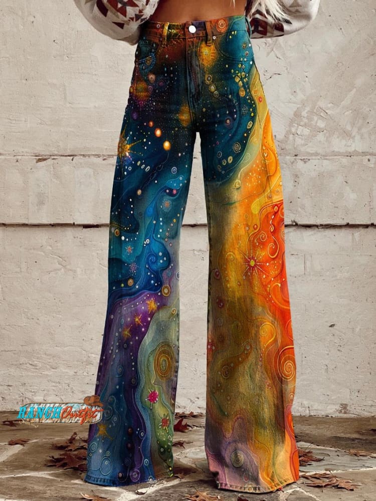 Women’s Colorful And Dreamy Starry Sky Print Casual Wide Leg Pants Multicolor / Xs