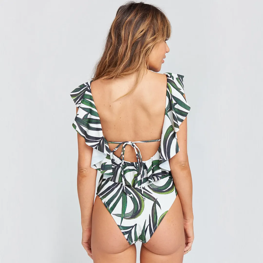 Brownm Printed Flowers Even Lotus Leaf Side Body Swimsuit Women 2025 New Swimsuit Bare Back