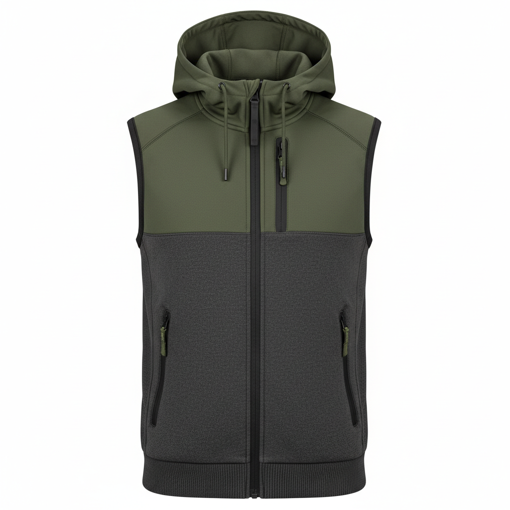 thesupersurf Olive Green and Charcoal Hooded Vest with Zipper Pockets 