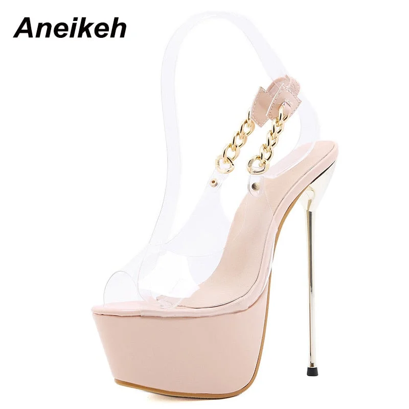Aneikeh Women's Pumps NEW 2022 Summer Fashion Leisure PVC Metal Decoratio Wedding Slingbacks Ladies Shoes 34-40 Zapatos De Mujer
