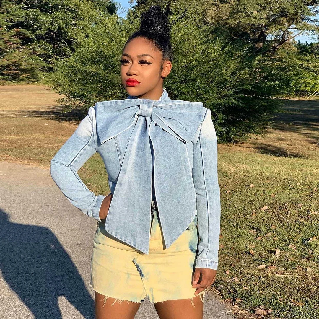 Puff Sleeve Bow Neck Denim Shirt